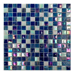 Piastrella a mosaico quadrata nei toni del blu e del bianco con effetti luccicanti.