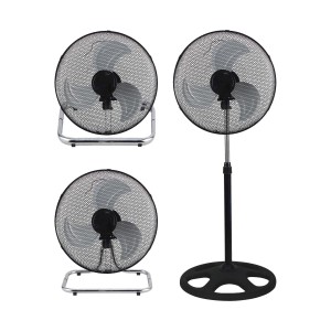Tre ventilatori neri t.b.t.: modello da terra, da tavolo e da pavimento.