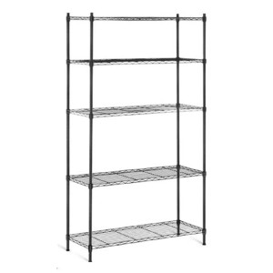 Scaffale da cucina nero in filo metallico con 5 ripiani.