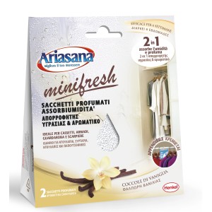 Ariasana Minifresh assorbi umidità vaniglia, confezione da 2 sacchetti profumati.