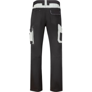 Pantaloni da lavoro neri, vista posteriore, con inserti grigio chiaro, tasche multiple e tasche ginocchiere rinforzate.