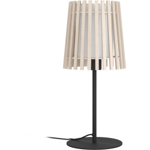 Lampada da tavolo Eglo Fattoria, lampada da tavolo di design con paralume in legno e tessuto in nero, marrone e bianco.