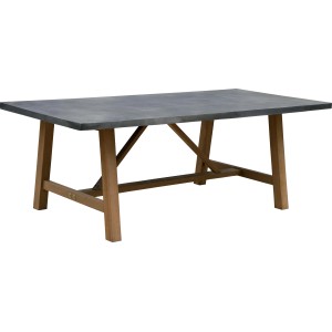 Tavolo da giardino rettangolare con piano grigio e struttura in legno.