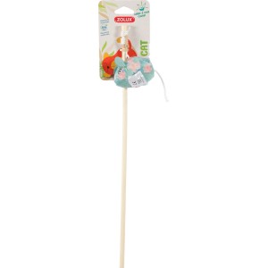 Canna da pesca per gatti con topolino in tessuto azzurro con motivo floreale come gioco per gatti.