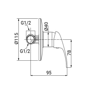 Disegno tecnico: t.b.t. rubinetto doccia con dimensioni.