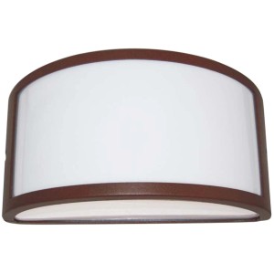 Applique da esterno t.b.t. con cornice marrone e diffusore bianco.