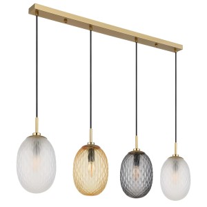 Lampada a sospensione t.b.t. con quattro paralumi in vetro colorato e sospensione dorata.