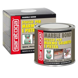 Barattolo e confezione di stucco speciale Saratoga Marble Bond per marmo, granito e pietra.