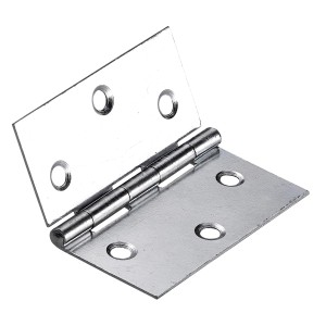 Cerniera per mobili argentata aperta con fori di montaggio.