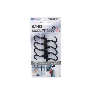 Set di 8 ganci magnetici neri per cucina e officina.