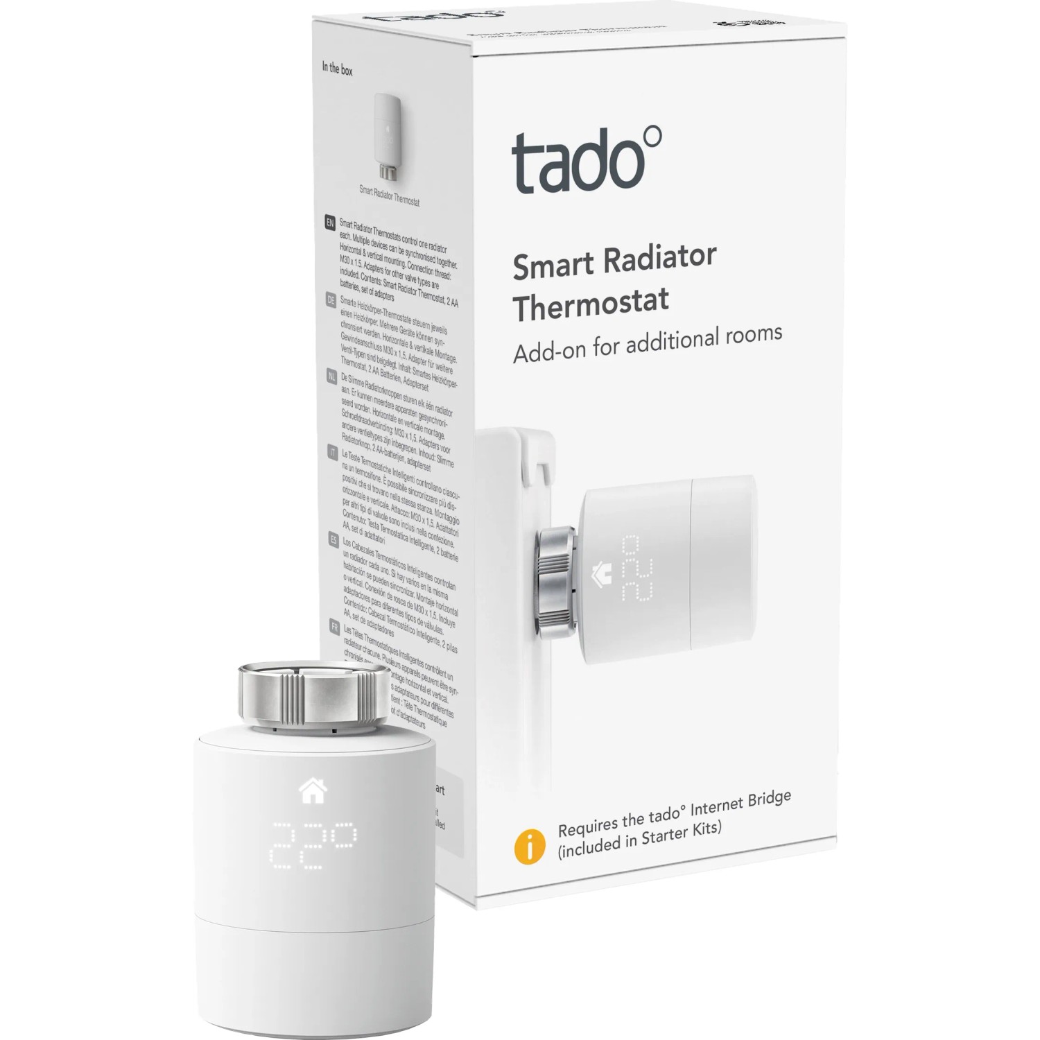Termostato intelligente tado° per radiatore, prodotto aggiuntivo per controllo stanza, bianco.