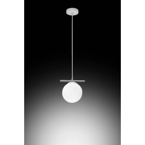 Lampada a sospensione bianca t.b.t. con paralume sferico in vetro per illuminazione ambienti.