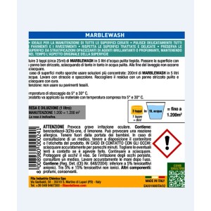 Etichetta di Marblewash detergente per pavimenti: Pulisce, cura e protegge le superfici lucide.
