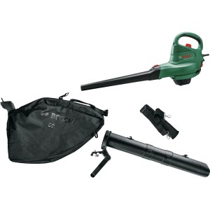 Aspiratore da giardino Bosch UniversalGarden Tidy 3000 con accessori: soffiatore, sacco di raccolta e tubo di aspirazione.