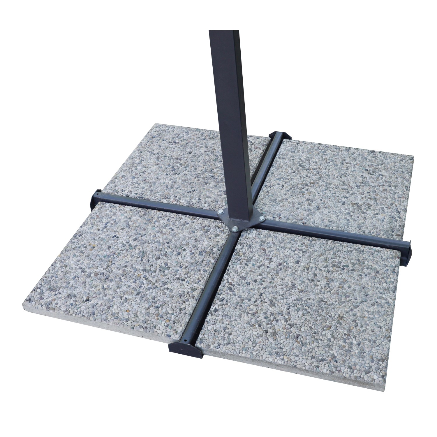 t.b.t. per ombrellone: Base con lastre di pietra grigia e croce metallica nera.