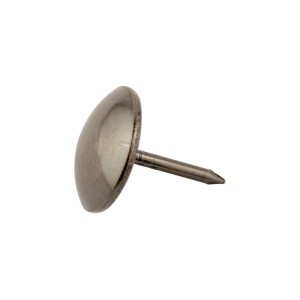 Primo piano: Singolo chiodo in ferro color argento con testa rotonda.