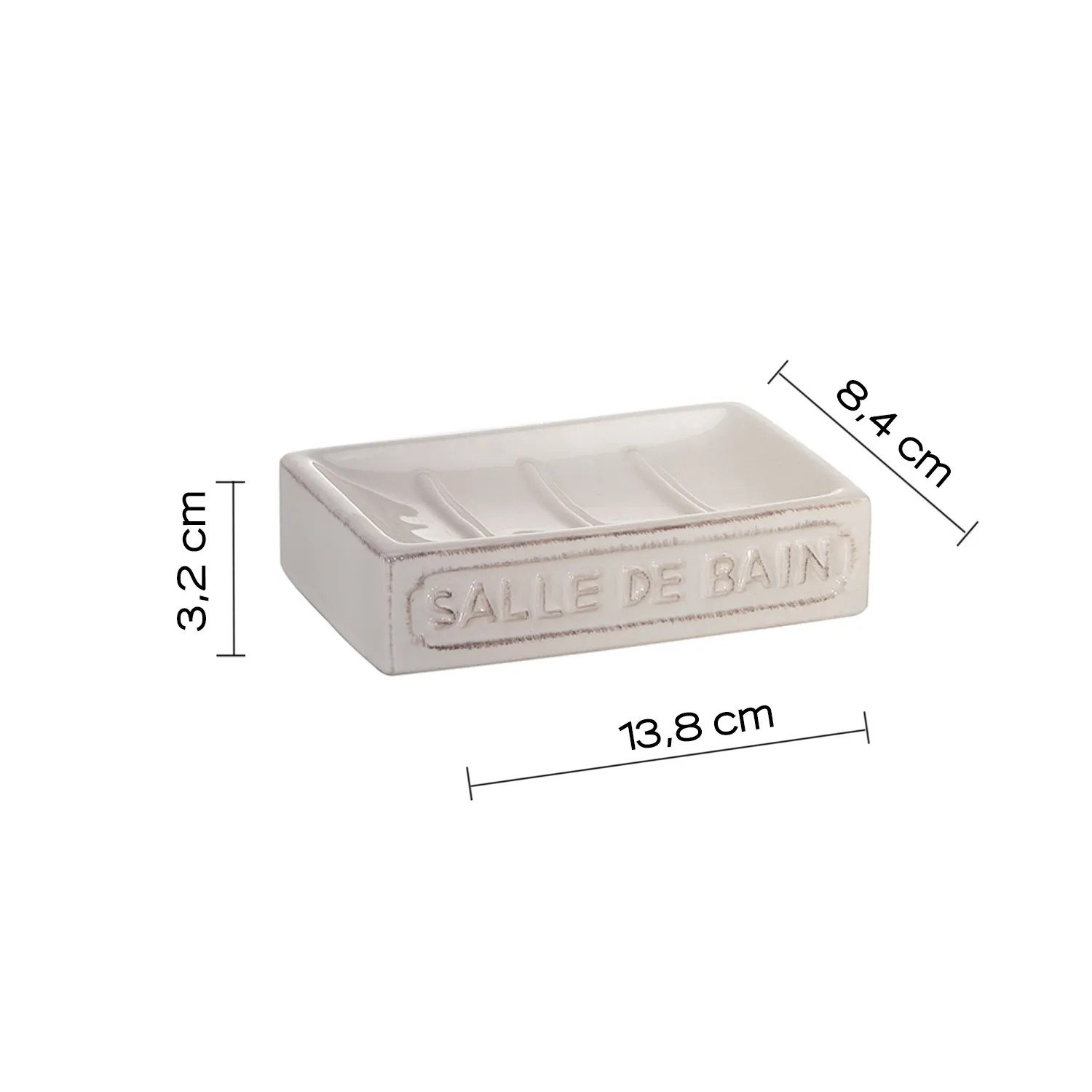 Dispenser sapone t.b.t. in ceramica bianca con scritta "Salle de Bain".