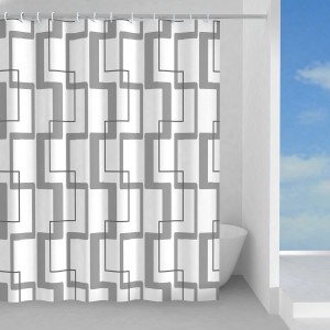 Tenda doccia t.b.t. con motivo grigio davanti alla vasca.