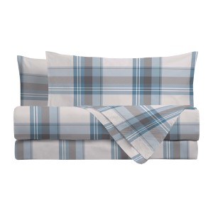 Set di lenzuola t.b.t. con motivo a quadri blu-grigio.