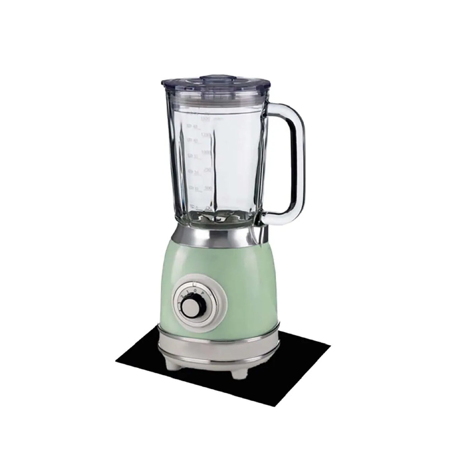 Frullatore vintage verde menta con caraffa in vetro e dettagli argentati.