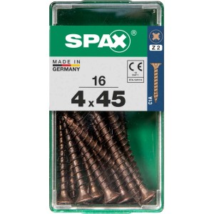 Viti per legno SPAX 4x45 mm, 16 pezzi in contenitore trasparente.