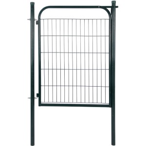 Cancello da giardino in metallo verde con rete, parte di un sistema di recinzione.