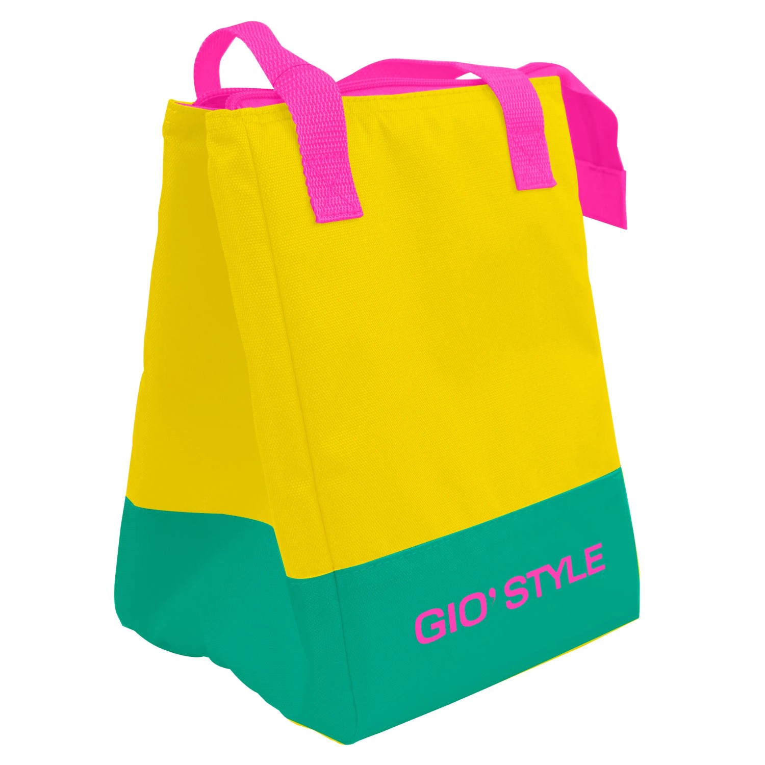 Borsa frigo giallo-verde con manici rosa per campeggio.