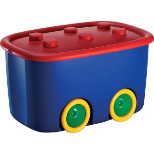 Funny Box blu 60L con coperchio rosso e ruote, ideale per riporre nella stanza dei bambini.