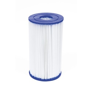 Cartuccia filtro t.b.t. per piscine, lamelle filtranti bianche con terminali blu.