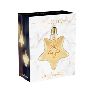 Lampadina LED E27 a forma di stella nella confezione. Lampadina decorativa per illuminazione d'atmosfera.