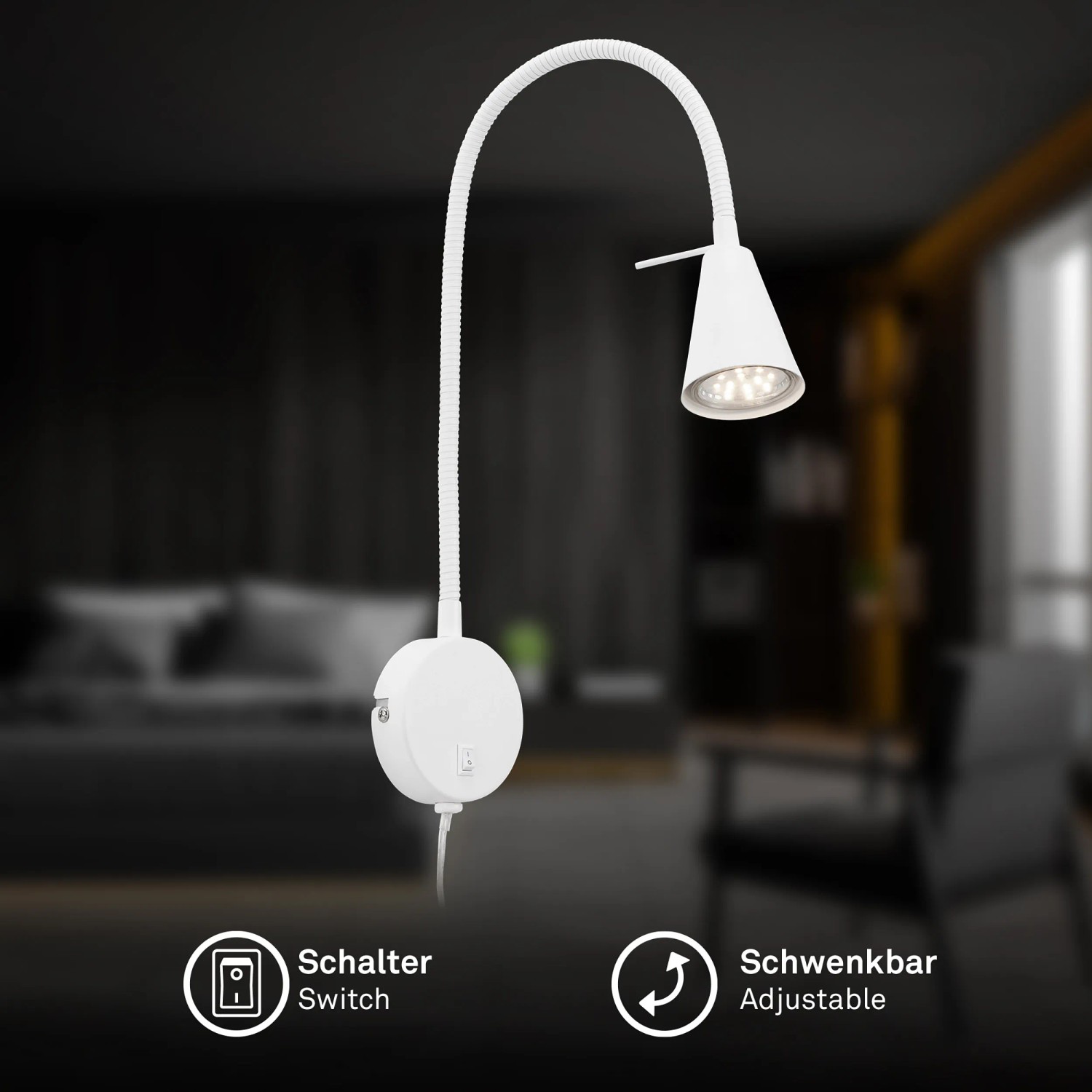 Lampada da comodino a LED Briloner Tusa bianca, orientabile, con braccio flessibile per comodino o parete.