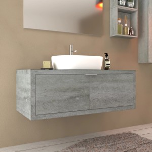 Mobile bagno grigio con lavabo da appoggio e specchio per il bagno.
