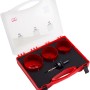 Set seghe a tazza LUX, 4 pezzi in valigetta: seghe a tazza (Ø 68, 73, 83 mm) e albero di montaggio per trapani.