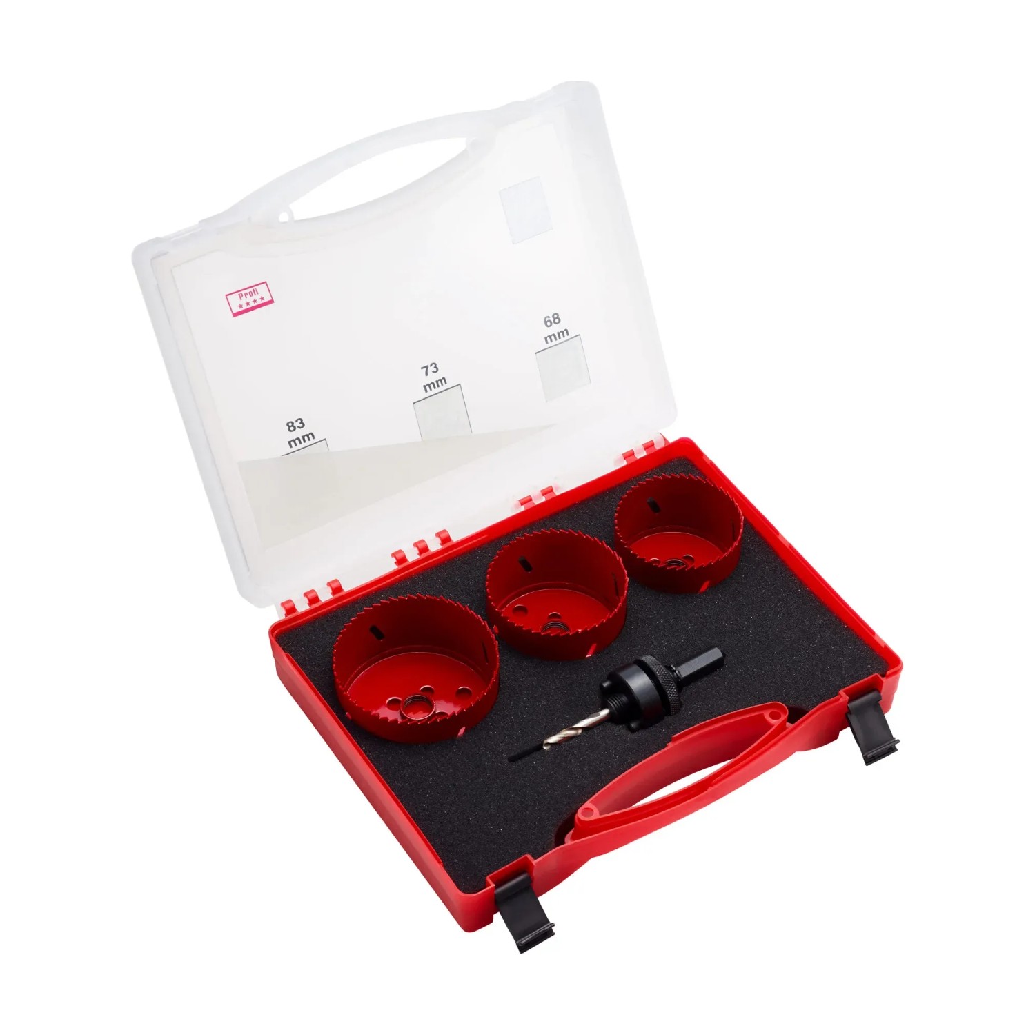 Set seghe a tazza LUX, 4 pezzi in valigetta: seghe a tazza (Ø 68, 73, 83 mm) e albero di montaggio per trapani.
