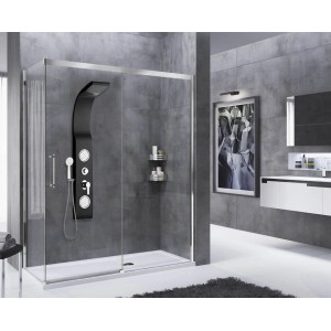 Cabina doccia moderna con colonna doccia nera t.b.t. e soffione a pioggia in bagno.