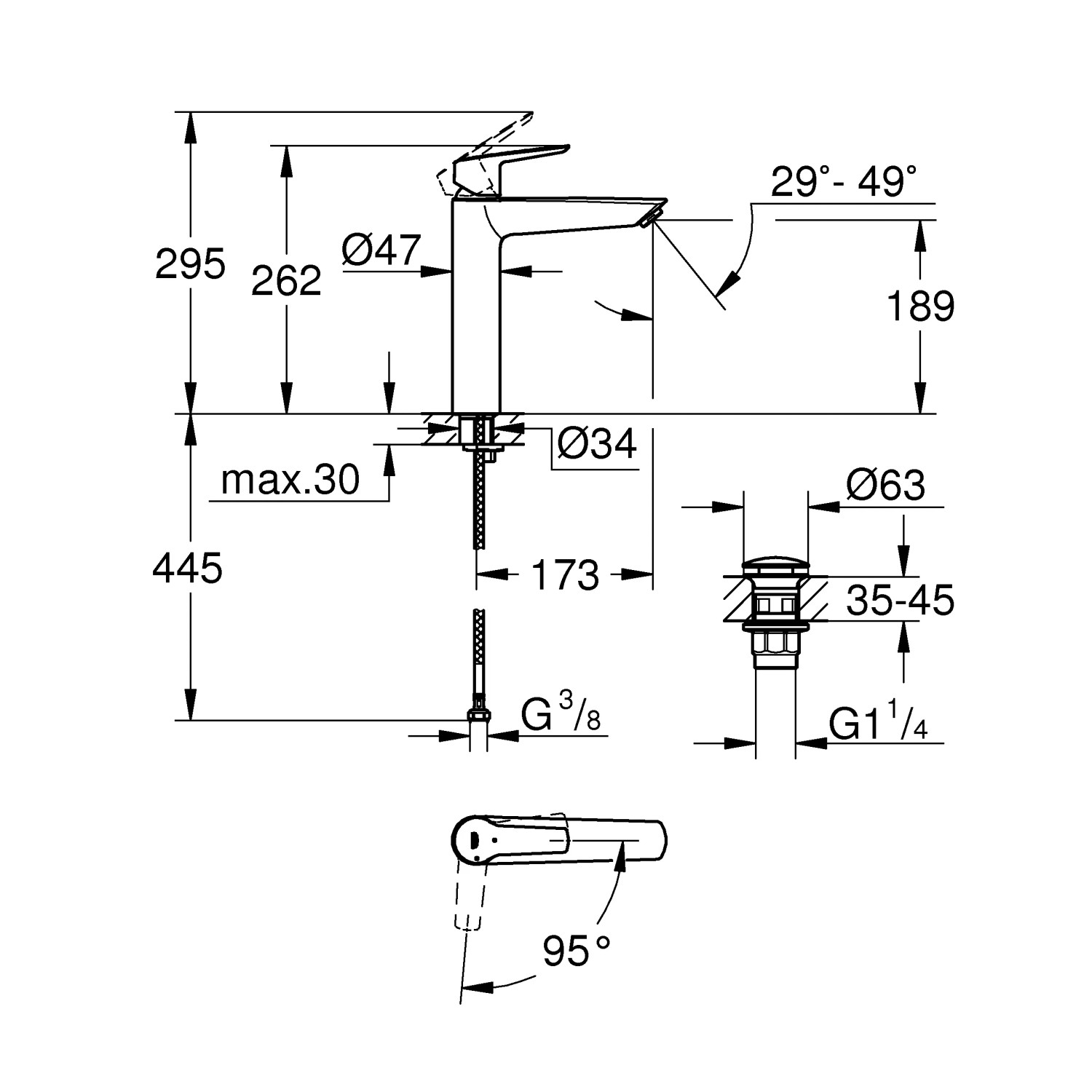 Disegno tecnico del miscelatore per lavabo Grohe QuickFix Start XL-Size con dimensioni.