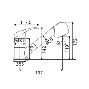 Disegno tecnico: miscelatore monocomando t.b.t. con dimensioni.