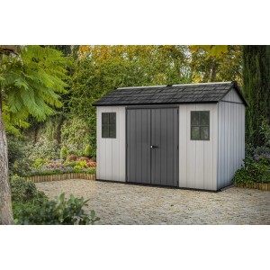 Casetta da giardino Keter Oakland 1175 nero-grigio con doppia porta e finestre. Rimessa da giardino in plastica.