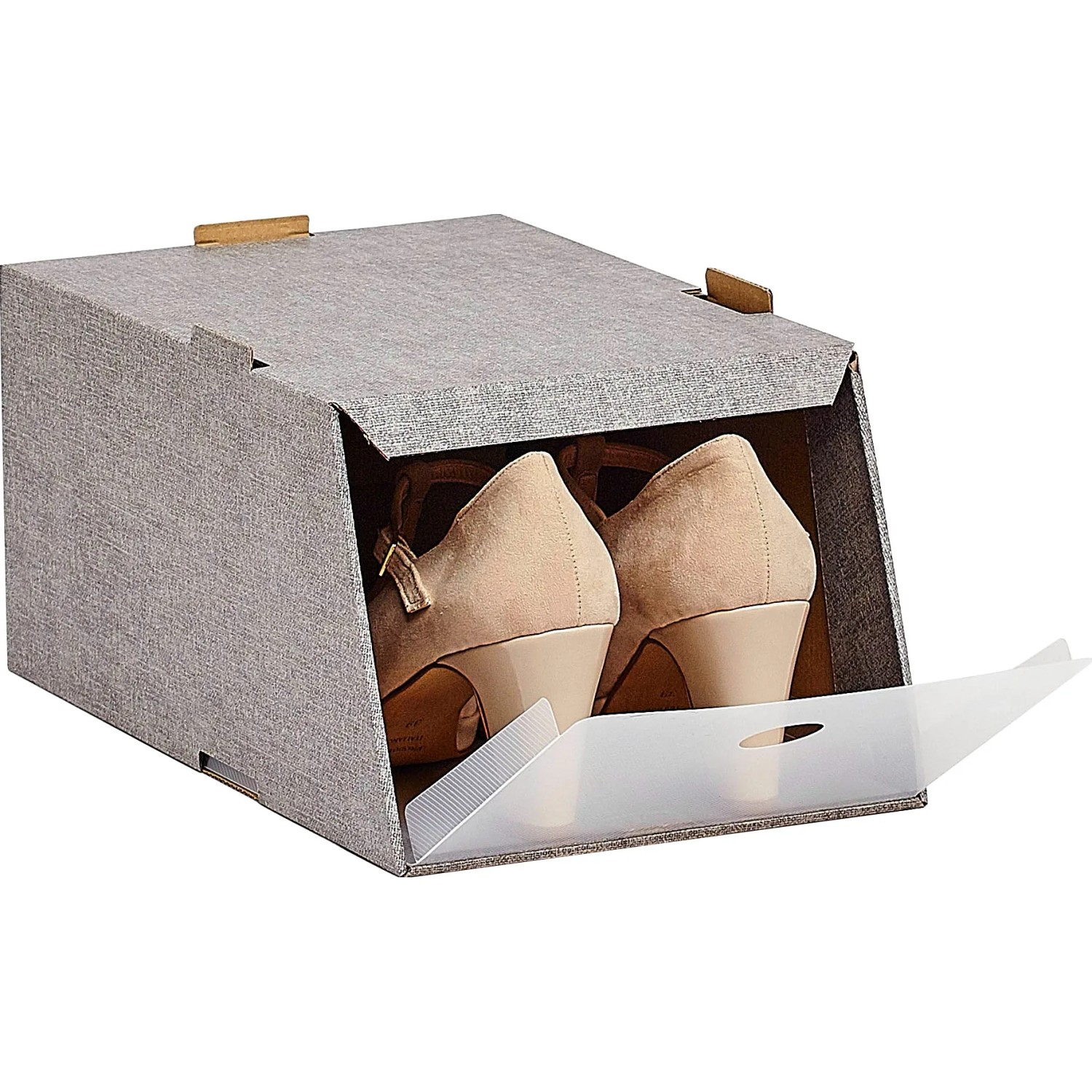 Organizzatore per scarpe grigio per armadio con scarpe beige.