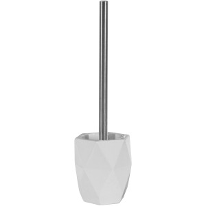 Set scopino WC bianco con design geometrico e manico in acciaio inox.