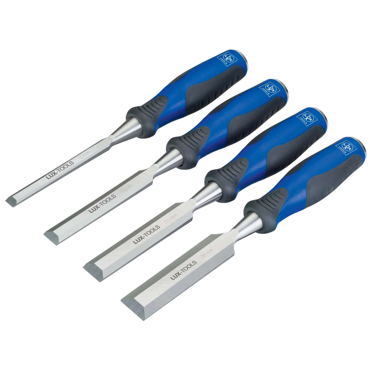 Set di quattro scalpelli con manici blu-grigi. Utensili per la lavorazione del legno.