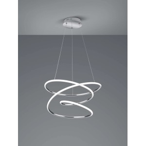 Moderna lampada a sospensione t.b.t. con anelli luminosi curvi per un'illuminazione elegante.