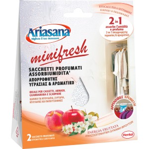Ariasana Minifresh assorbi umidità con profumo di mela, 2 pezzi. Ideale per armadi e cassetti.