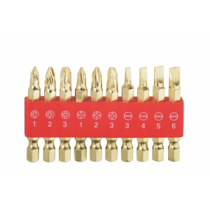 Set di 10 inserti per avvitatura con intaglio, Phillips e Pozidriv in supporto.