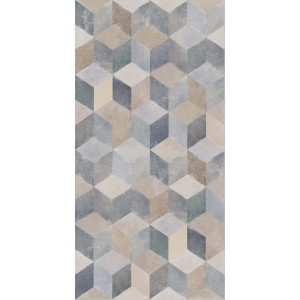 Motivo piastrelle con design a cubi 3D in tonalità beige, grigio e blu.