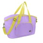Borsa da campeggio t.b.t. lilla e gialla con manici e tracolla.
