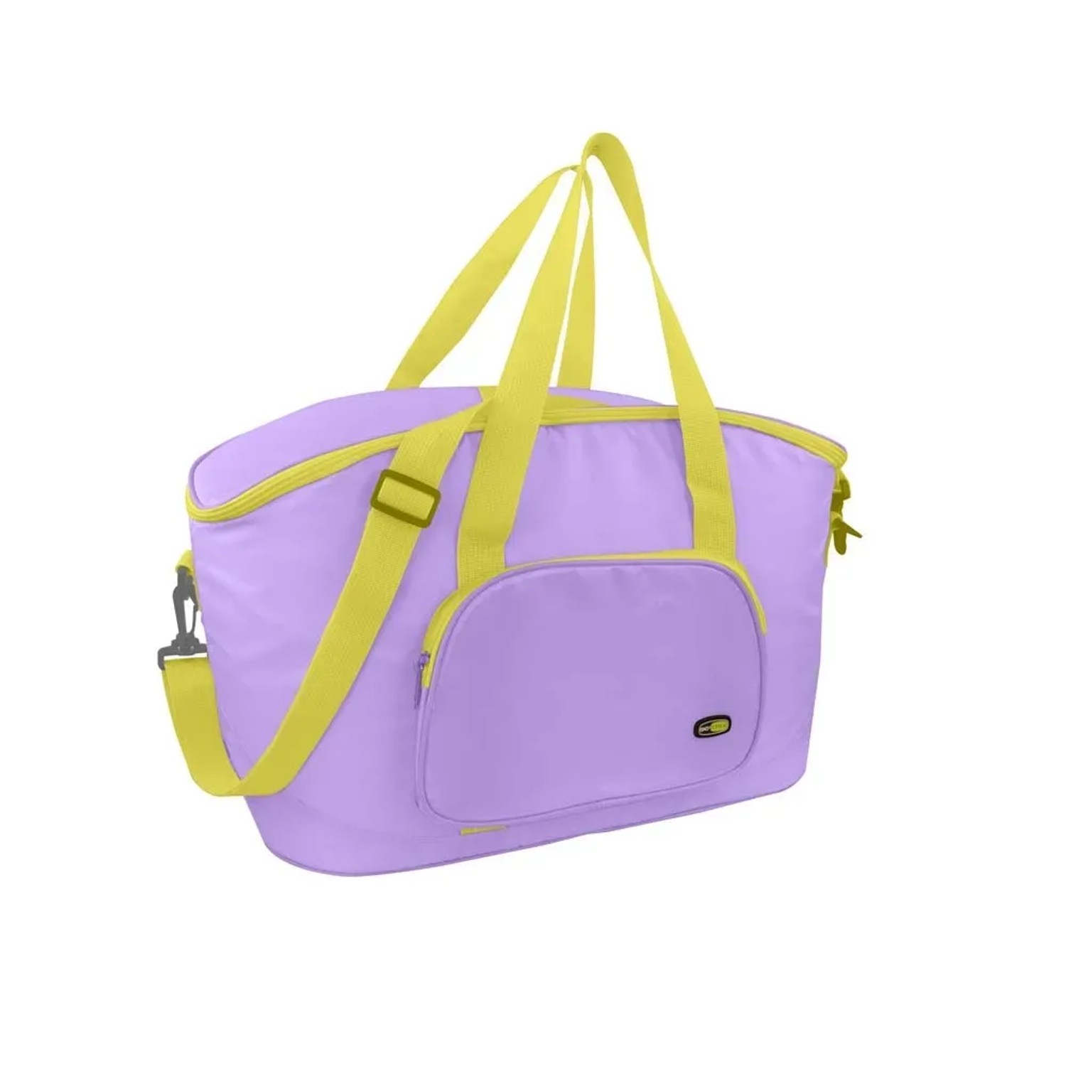 Borsa da campeggio t.b.t. lilla e gialla con manici e tracolla.