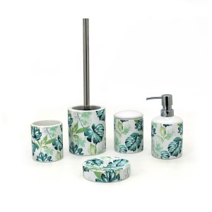 Set bagno t.b.t. con dispenser sapone, portaspazzolino, set WC e portasapone con motivo a foglie tropicali.