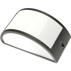 Moderna applique da esterno a LED grigia con design a semicerchio per uso esterno.