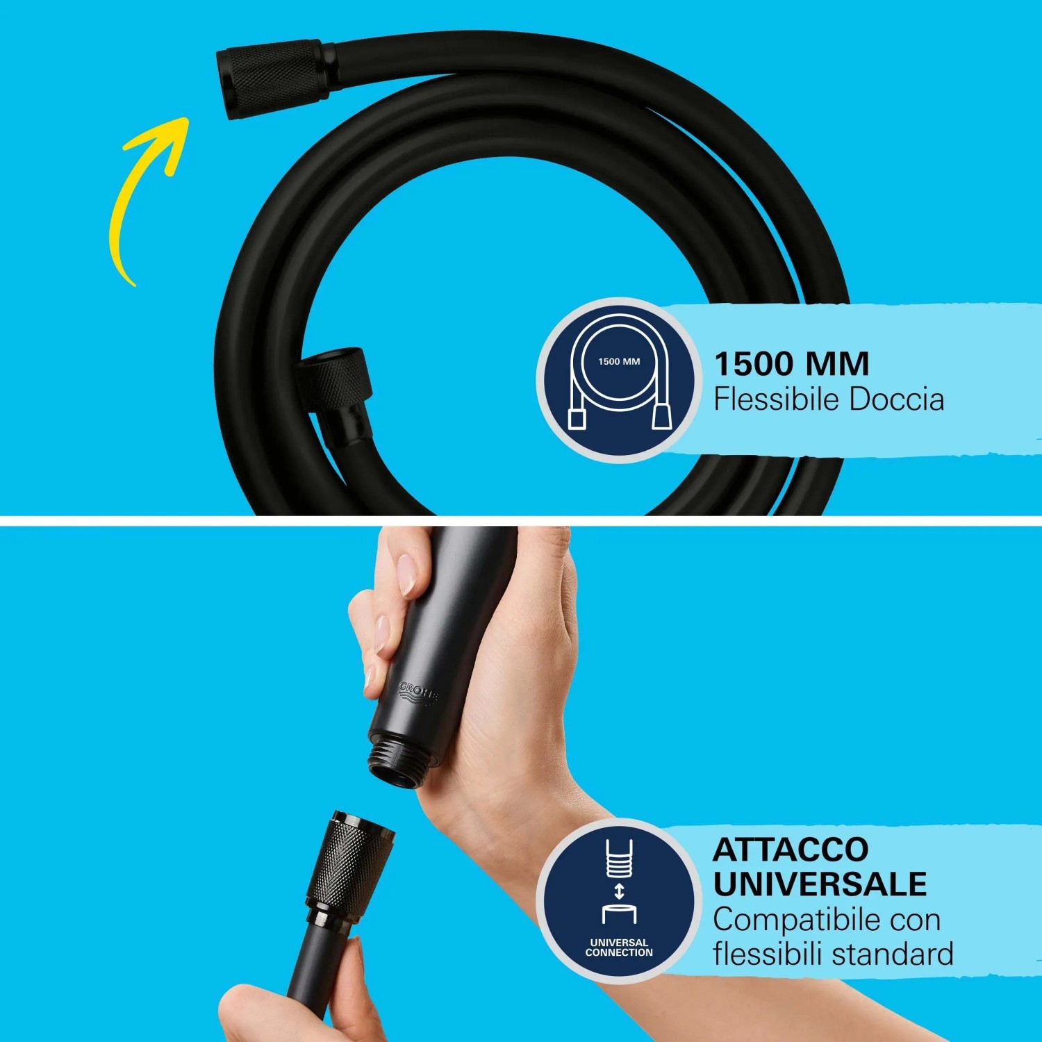 Grohe VitalioFlex Trend flessibile doccia, 150 cm, nero opaco, anti-torsione, con attacco universale.